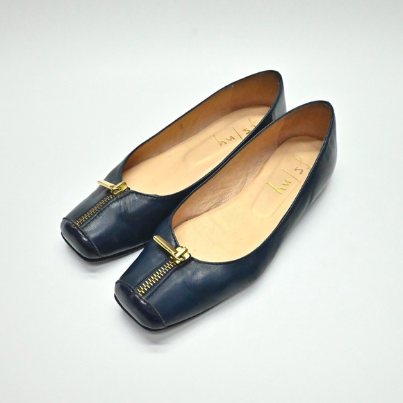 FRENCH SOLE Flats Womens Sz 6.5 B Navy Leather Gold Zip Slip On Ballet Shoe FSNY - Picture 1 of 11